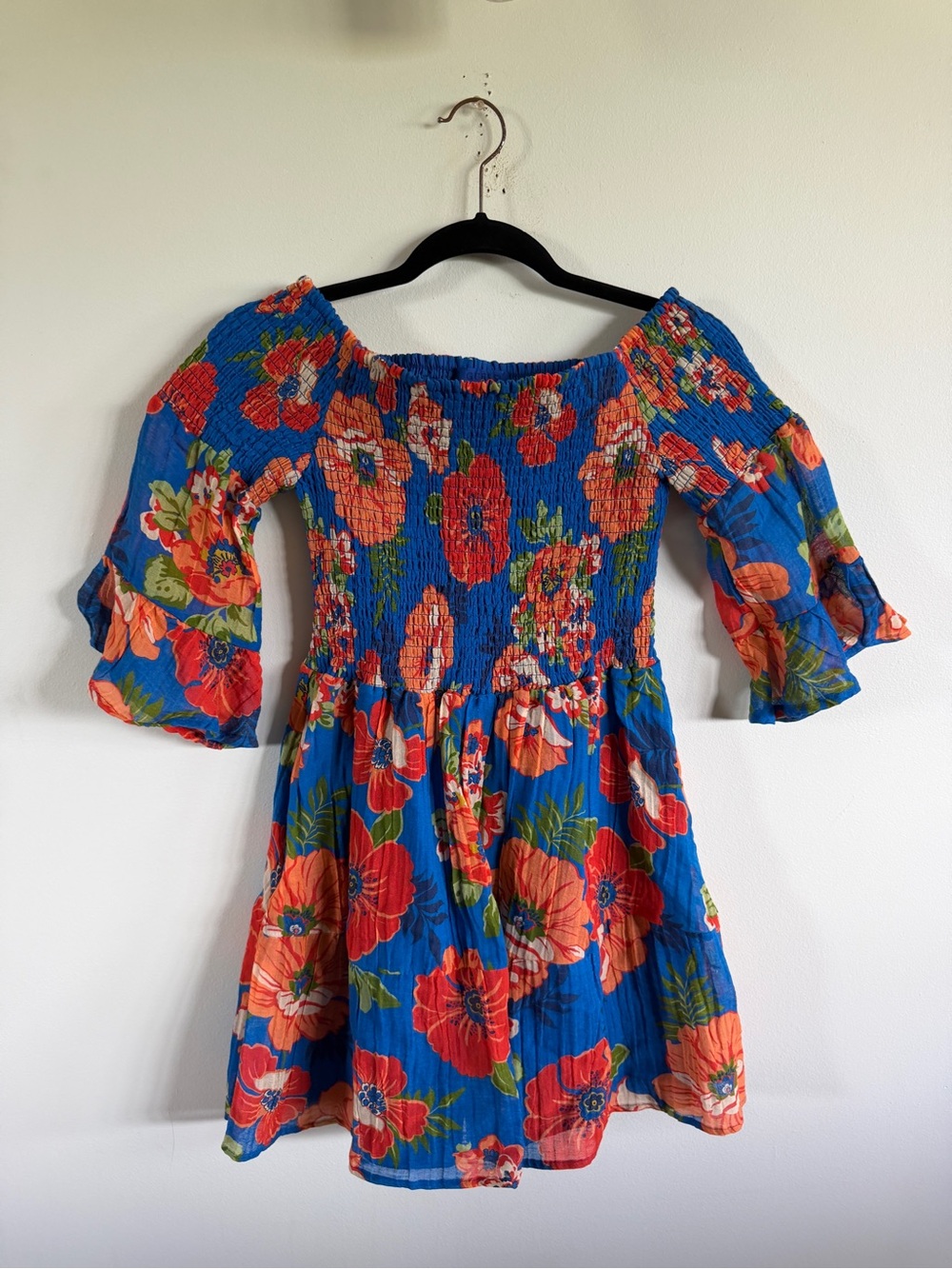 Guess Dress Small Blue Off-Shoulder Mini Dress with Orange Floral Print